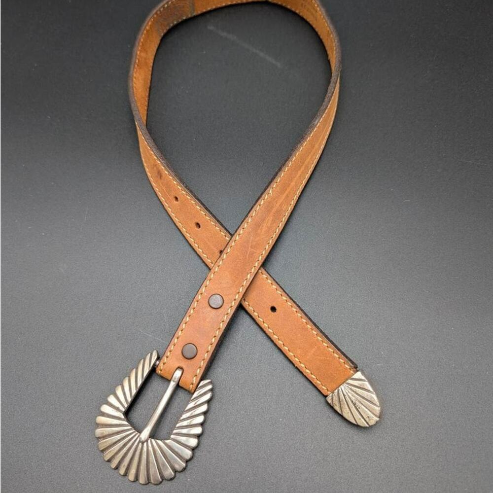 Vtg Corral West Belt Youth Girls Small Tan Genuine Leather Decorative Buckle USA